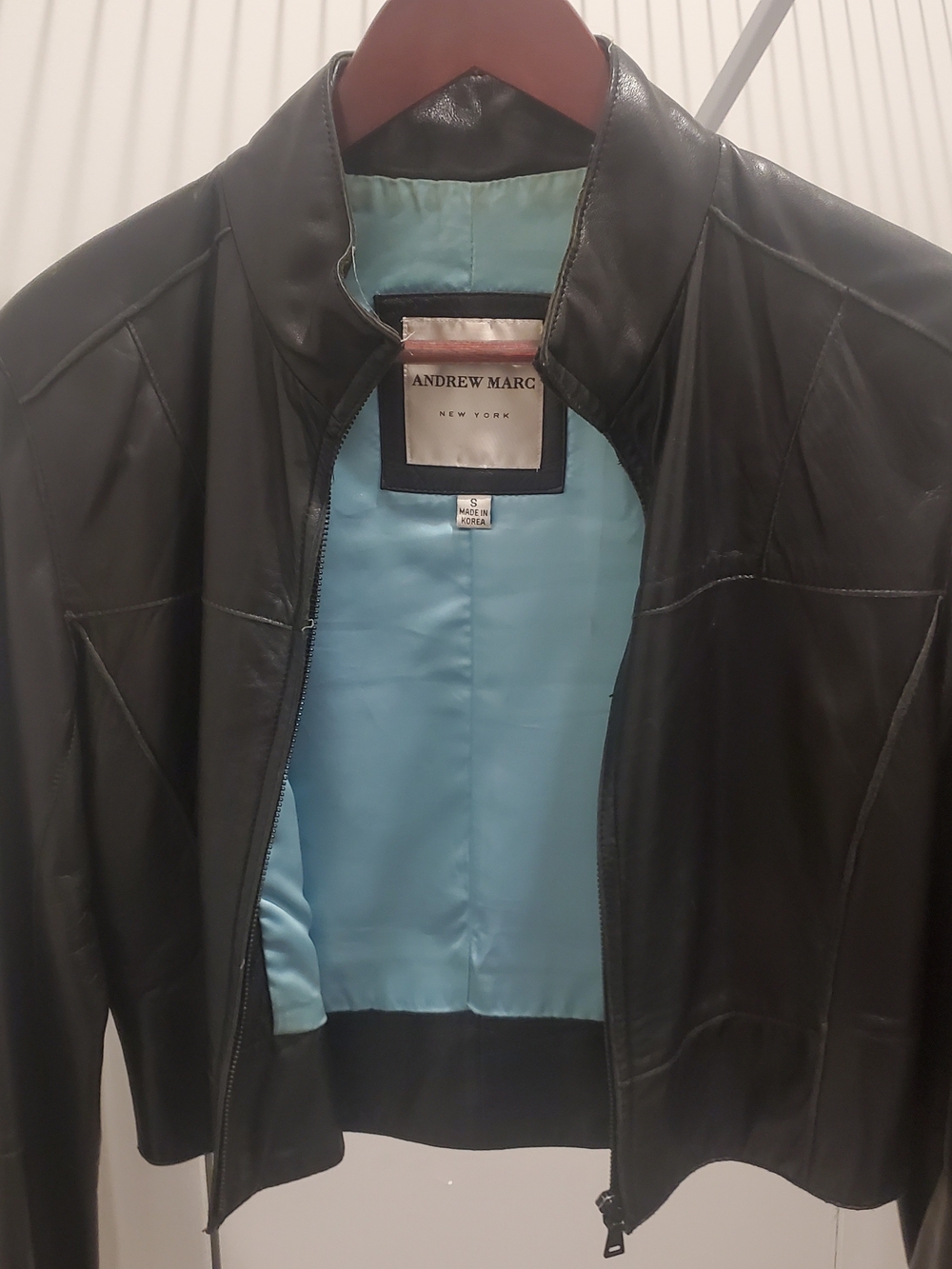 Andrew Marc Black Leather Jacket with Light Blue Lining